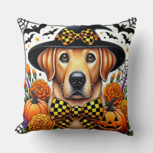 Golden Retriever in Witch Hat by Pumpkins Throw Pillow