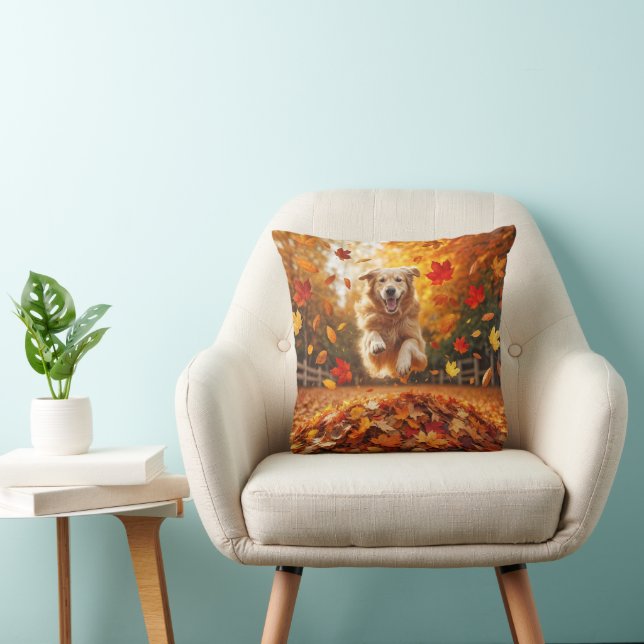 Golden Retriever Jumping In Autumn Leaf Pile Throw Pillow (Chair)