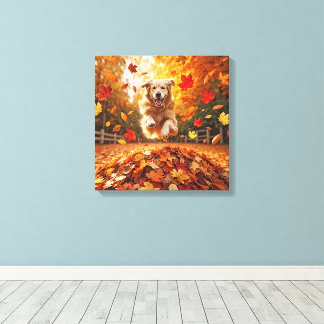 Golden Retriever Jumping In Leaf Pile Canvas Print (Insitu(Wood Floor))