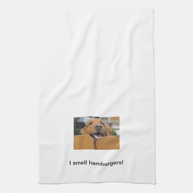 Golden Retriever Kitchen Towel, I Smell Hamburgers Kitchen Towel (Vertical)