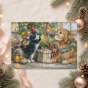 Golden Retriever Kitten Christmas Tree Holiday Card
