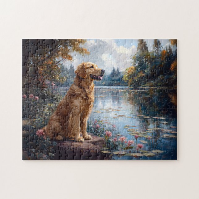 Golden Retriever Lake Lily Pads Jigsaw Puzzle (Horizontal)