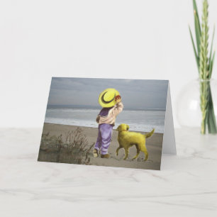 Golden Retriever Little Boy On Beach Carte de voeu
