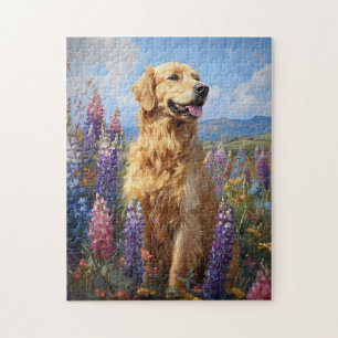 Golden Retriever Lupine Flowers Jigsaw Puzzle