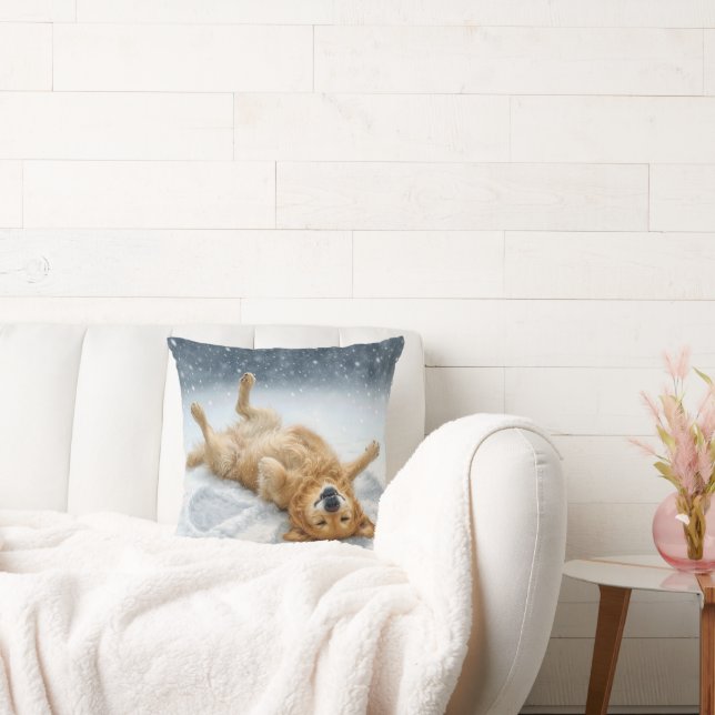 Golden Retriever Making a Snow Angel Throw Pillow (Couch)