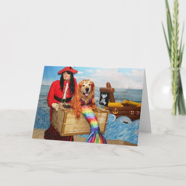 Golden Retriever Mermaid and Pirate Birthday  Card (Front)