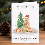 Golden Retriever Merry Christmas Santa Dog Holiday Card<br><div class="desc">Send christmas greetings this holiday season with this Merry Christmas golden retriever santa dog holiday card, and matching decor. This golden retriever holiday card features a watercolor dog in a santa hat and tree. Personalize with message and family name . This golden retriever christmas card will be a favourite among...</div>