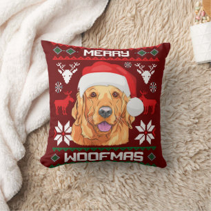 Golden Retriever Merry Woofmas Sweatshirt Dog Throw Pillow