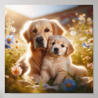Golden Retriever mom and her puppy Poster