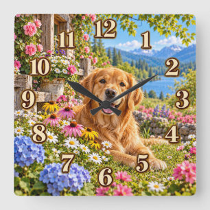 Golden Retriever Mountain Garden Clock