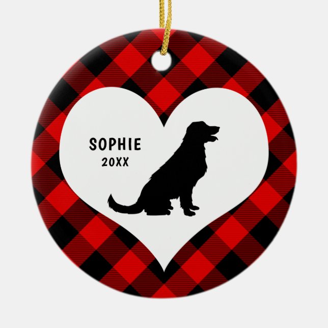 Golden Retriever name + date Red Plaid Ceramic Ornament (Front)