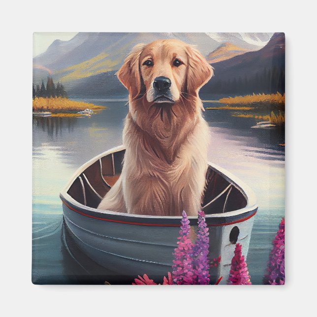 Golden Retriever on a Paddle: A Scenic Adventure Magnet (Front)