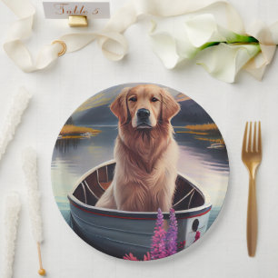 Golden Retriever on a Paddle: A Scenic Adventure Paper Plate