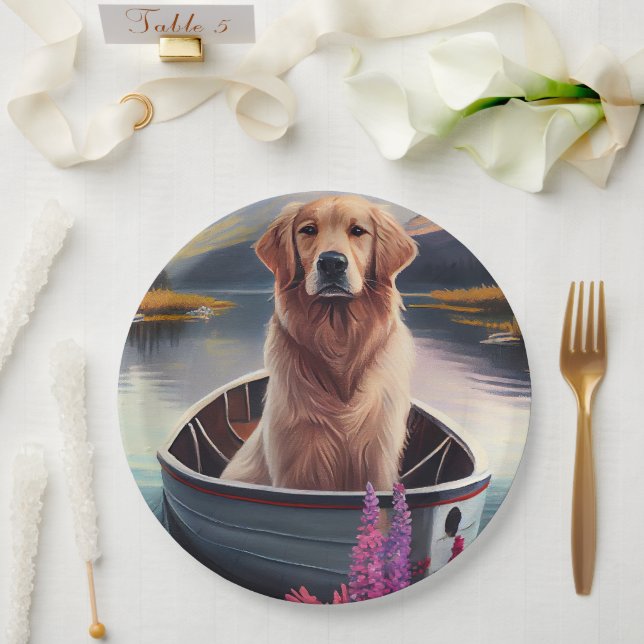 Golden Retriever on a Paddle: A Scenic Adventure Paper Plate (Wedding)