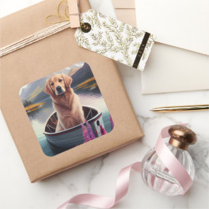 Golden Retriever on a Paddle: A Scenic Adventure Square Sticker