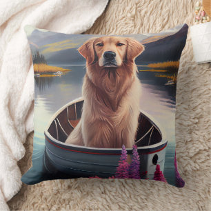 Golden Retriever on a Paddle: A Scenic Adventure Throw Pillow