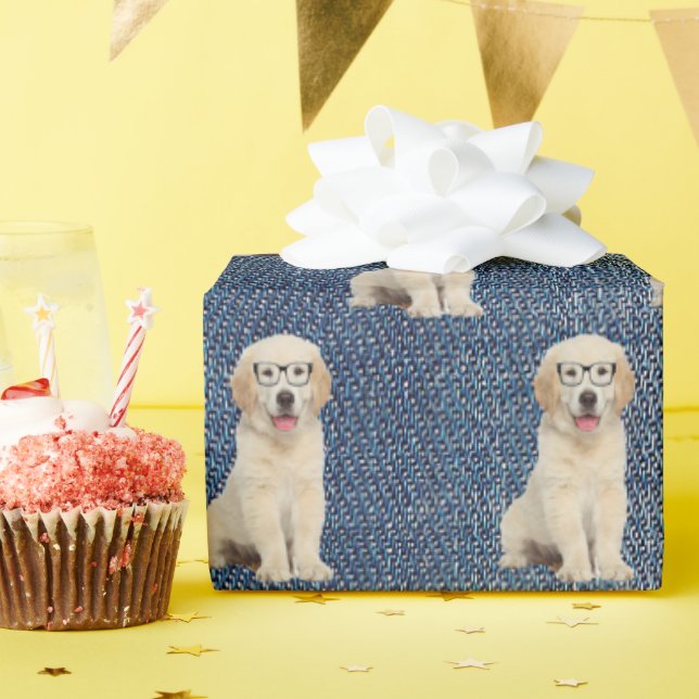 Golden Retriever on Blue Jean Denim  Wrapping Paper (Birthday Party)