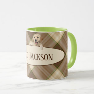 Golden retriever on brown plaid pattern with name mug