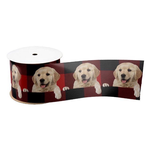 Golden Retriever on Buffalo Plaid Satin Ribbon (Spool)