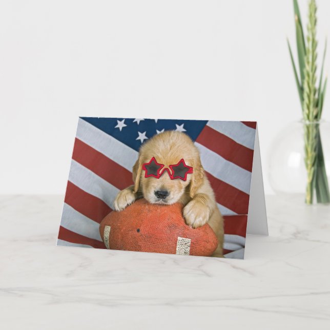 Golden retriever on football birthday card (Front)