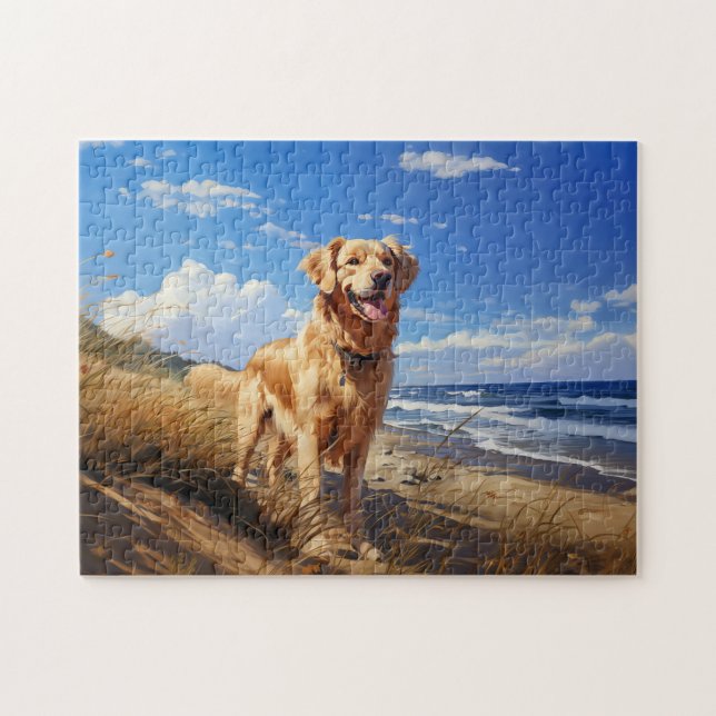 Golden retriever on the beach jigsaw puzzle (Horizontal)