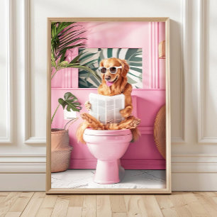 Golden Retriever on Toilet Bathroom Print, Golden  Poster