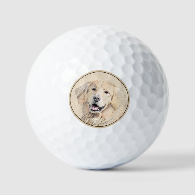Golden Retriever Painting - Cute Original Dog Art Golf Balls (Front)