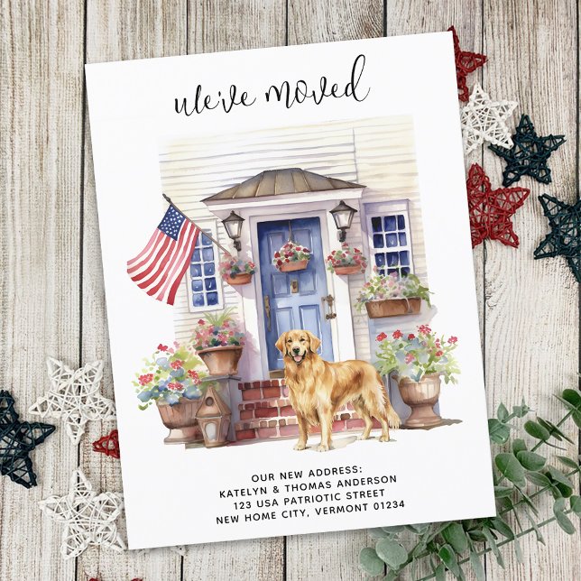 Golden Retriever Patriotic Personalized Dog Moving Announcement Postcard (Creator Uploaded)
