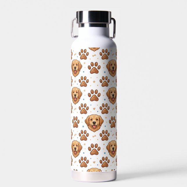 Golden Retriever Pattern Cute Dog Paw Prints Water Bottle (Front)