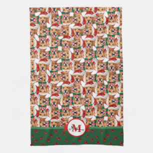 Golden Retriever Pattern Monogram Christmas Dog Kitchen Towel