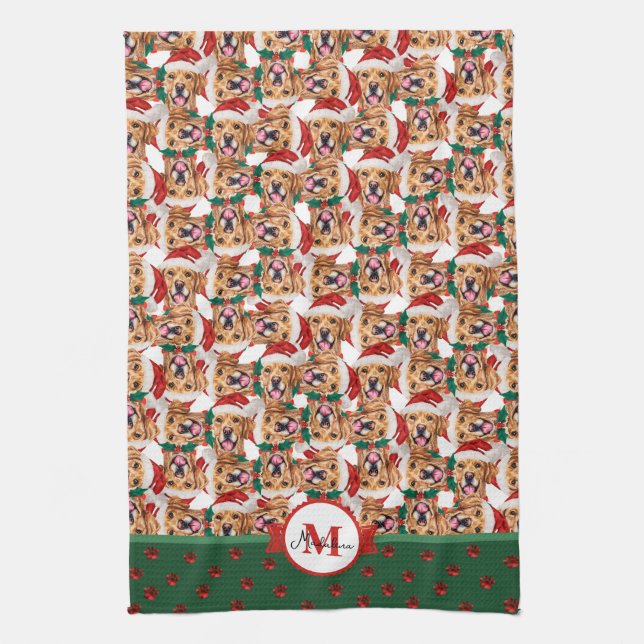 Golden Retriever Pattern Monogram Christmas Dog Kitchen Towel (Vertical)