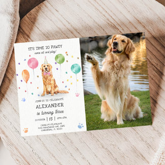 Golden Retriever Pawty Dog Puppy Birthday Blue Invitation