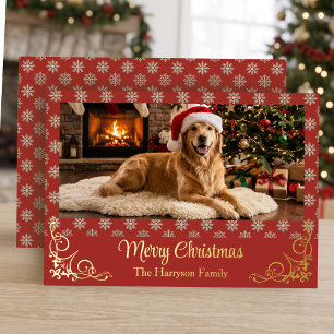 Golden Retriever Pet Photo Gold Foil Christmas Holiday Card