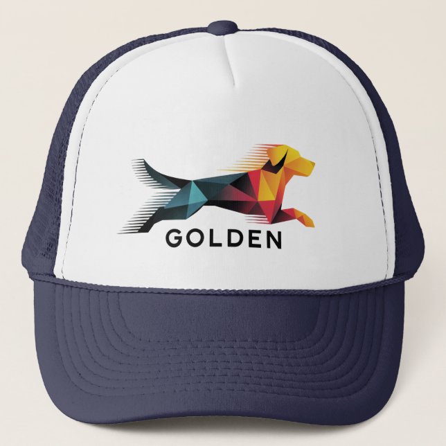 Golden retriever poligonal en amarillo y azul trucker hat (Front)