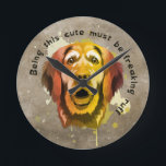 Golden Retriever pop art style Round Clock<br><div class="desc">This Golden Retriever pop art style clock features a pug in Fall shades of green, yellow, orange, brown with a dog quote: Being this cute must be freaking ruff. This fun and playful clock will add a pop of colour to your room. It's the perfect accent for any room in...</div>