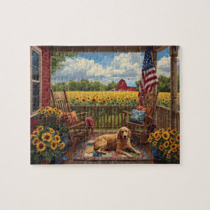 Golden Retriever Porch Sunflowers USA Flag Jigsaw Puzzle