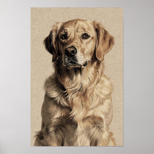Golden Retriever Portrait in Ochre and Indigo Poster