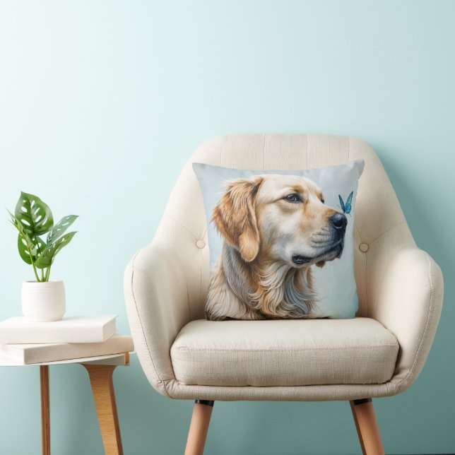 Golden Retriever Portrait With Butterfly Throw Pillow (Chair)
