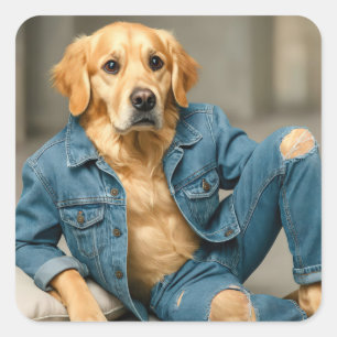 Golden Retriever Posing in Blue Jeans Square Sticker