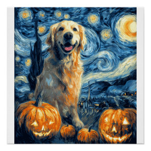 Golden Retriever Pumpkin Starry Night Dog Mom Van Poster