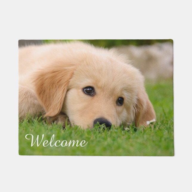 Golden Retriever Pup Dreaming Personalized Welcome Doormat (Front)