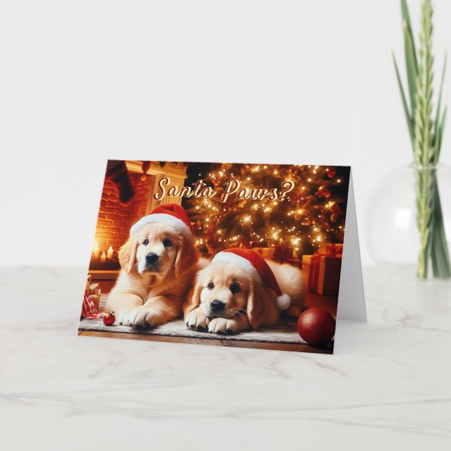 Golden Retriever Puppies Hear Santa Card (Front)
