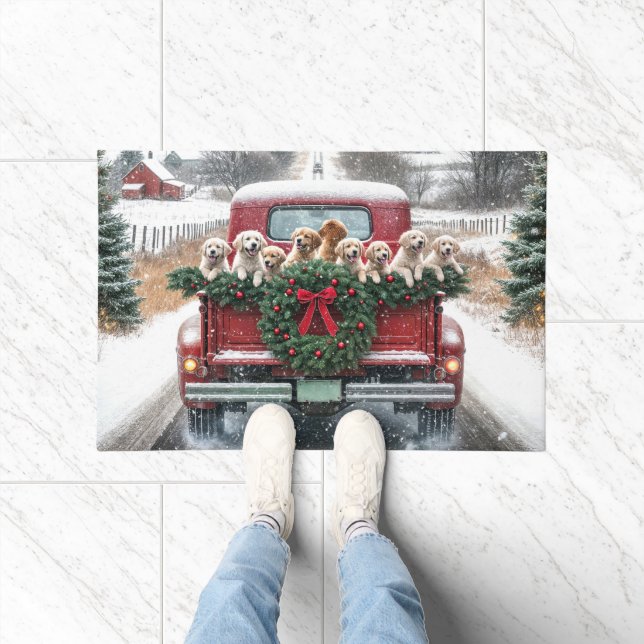 Golden Retriever Puppies In Red Christmas Truck Doormat (Indoor)