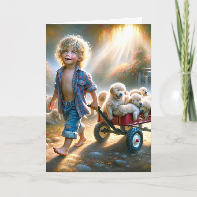Golden Retriever Puppies In Wagon Card (Front)