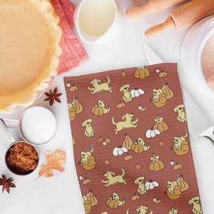 Golden Retriever Puppies Pumpkins Pattern Fall Kitchen Towel
