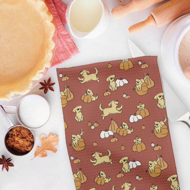 Golden Retriever Puppies Pumpkins Pattern Fall Kitchen Towel (Creator Uploaded)