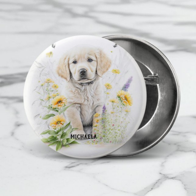 Golden Retriever Puppy and Florals Monogram Name 1 Inch Round Button (Add the required name to personalize or remove if not required.)