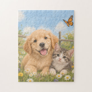 Golden Retriever Puppy and Tabby Kitten Jigsaw Puzzle