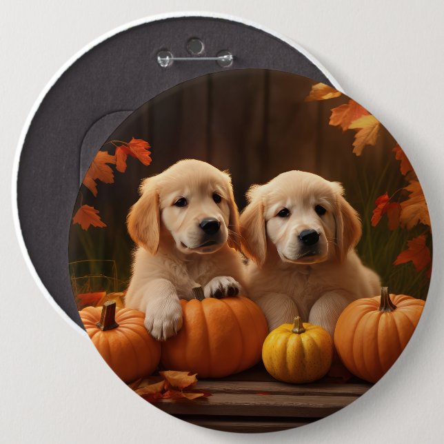 Golden Retriever Puppy Autumn Delight Pumpkin  6 Inch Round Button (Front & Back)