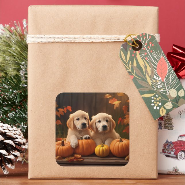 Golden Retriever Puppy Autumn Delight Pumpkin  Square Sticker (Holiday)